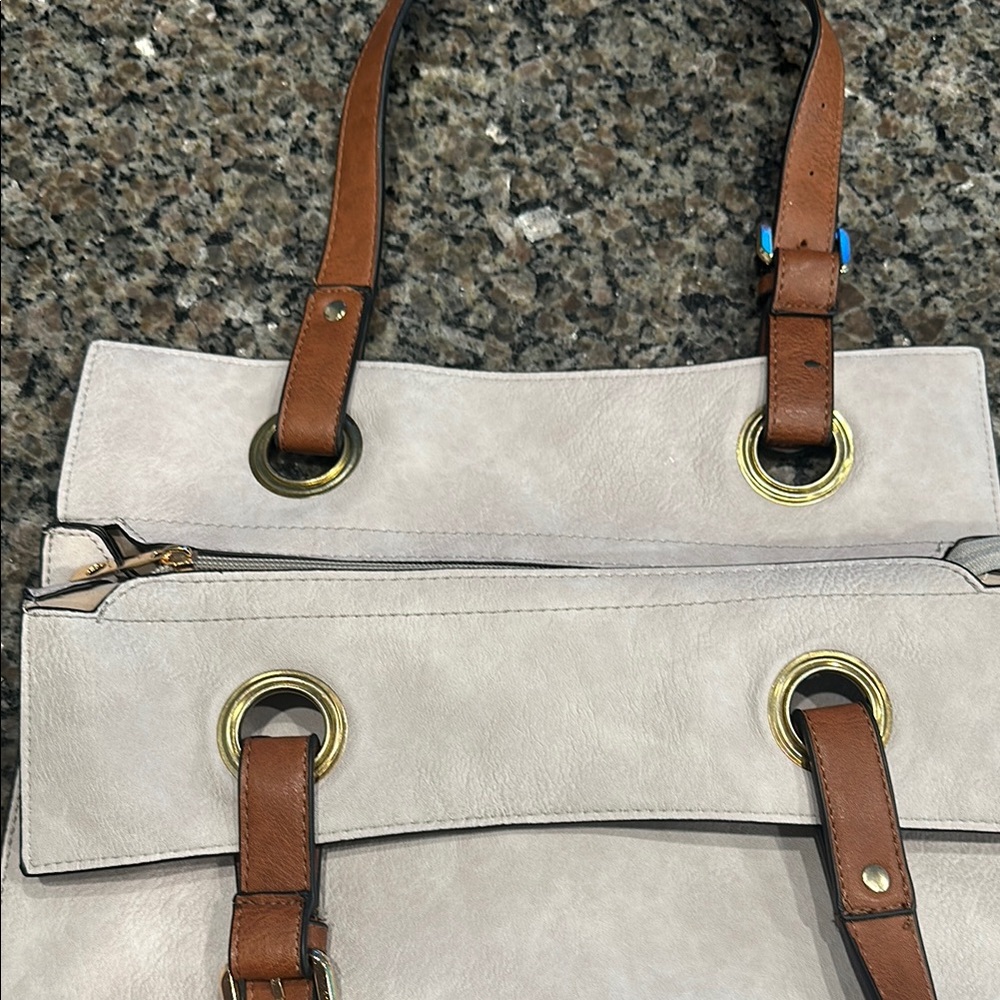 Cream and Tan Canvas Tote Bag with Leather Handles - Picture 2 of 7